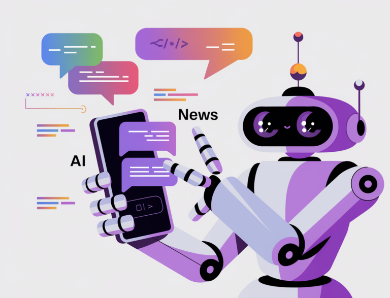 A stylized flat illustration of a friendly robot arm holding a smartphone with a chat interface. There are colorful abstract shapes floating around, representing AI data and software code snippets. The words "AI NEWS" are subtly incorporated into the design.