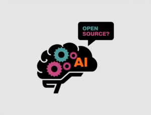 A minimal illustration of a stylized brain with gears inside, representing AI. The brain is placed on a white background. There is a simple speech bubble coming from the brain, containing the text "Open Source?". The text and the brain are in bright, contrasting colors.