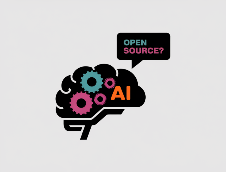 A minimal illustration of a stylized brain with gears inside, representing AI. The brain is placed on a white background. There is a simple speech bubble coming from the brain, containing the text "Open Source?". The text and the brain are in bright, contrasting colors.