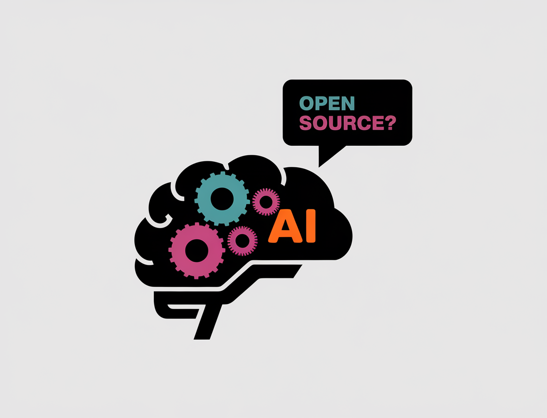 A minimal illustration of a stylized brain with gears inside, representing AI. The brain is placed on a white background. There is a simple speech bubble coming from the brain, containing the text "Open Source?". The text and the brain are in bright, contrasting colors.