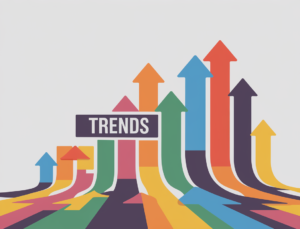 A flat minimal illustration of playful upward arrows with the keyword "Trends" written underneath. The arrows are of various sizes and are arranged in a wavy pattern. The background is white.