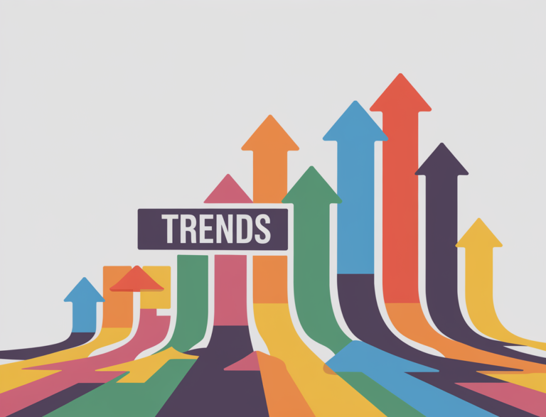 A flat minimal illustration of playful upward arrows with the keyword "Trends" written underneath. The arrows are of various sizes and are arranged in a wavy pattern. The background is white.