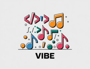 A flat minimal illustration of coding symbols and music notes playfully interacting in a fun and vibrant way. There are curly braces, a semicolon, and a greater than sign among the coding symbols. There are quarter, half, and whole music notes among the music symbols. The coding symbols and music notes are interacting with each other in a playful manner. The word "VIBE" is written in bold letters below the illustration. The illustration has a simple style and uses bright colors.