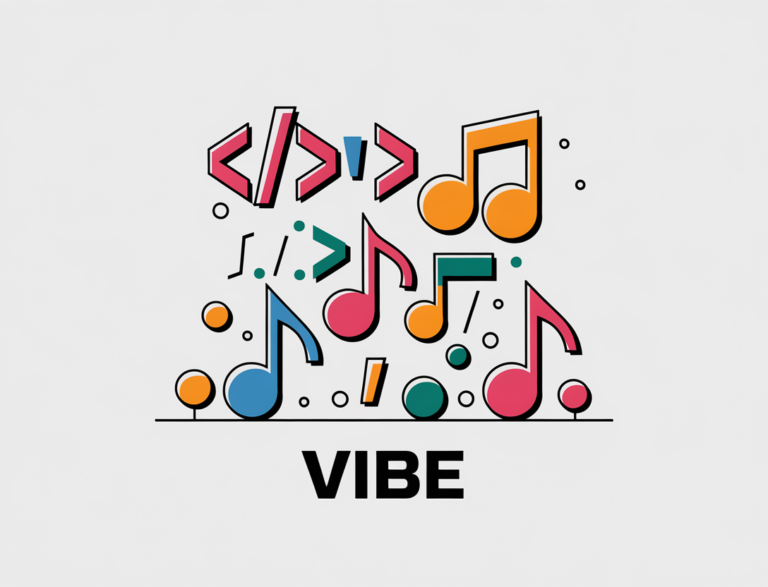 A flat minimal illustration of coding symbols and music notes playfully interacting in a fun and vibrant way. There are curly braces, a semicolon, and a greater than sign among the coding symbols. There are quarter, half, and whole music notes among the music symbols. The coding symbols and music notes are interacting with each other in a playful manner. The word "VIBE" is written in bold letters below the illustration. The illustration has a simple style and uses bright colors.
