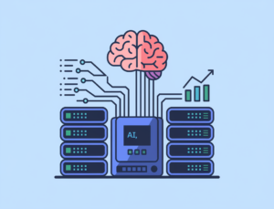A stylized flat illustration of a brain connected to multiple interconnected circuits and servers, representing AI, distributed systems, and development. There's a simple, playful icon of a graph trending upwards, symbolizing growth and trends.