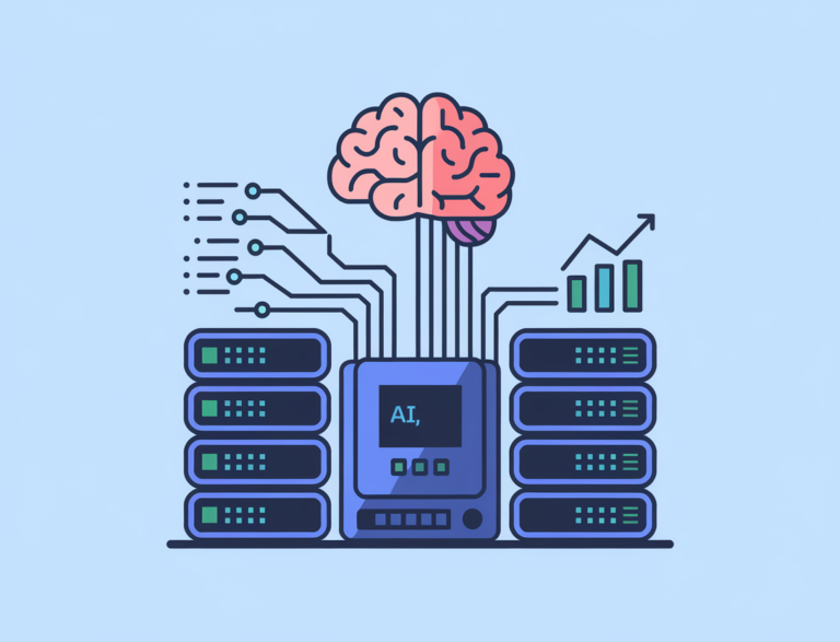 A stylized flat illustration of a brain connected to multiple interconnected circuits and servers, representing AI, distributed systems, and development. There's a simple, playful icon of a graph trending upwards, symbolizing growth and trends.