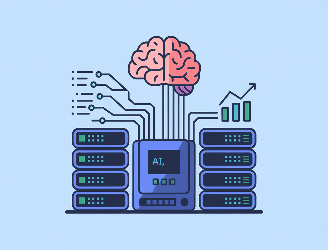 A stylized flat illustration of a brain connected to multiple interconnected circuits and servers, representing AI, distributed systems, and development. There's a simple, playful icon of a graph trending upwards, symbolizing growth and trends.