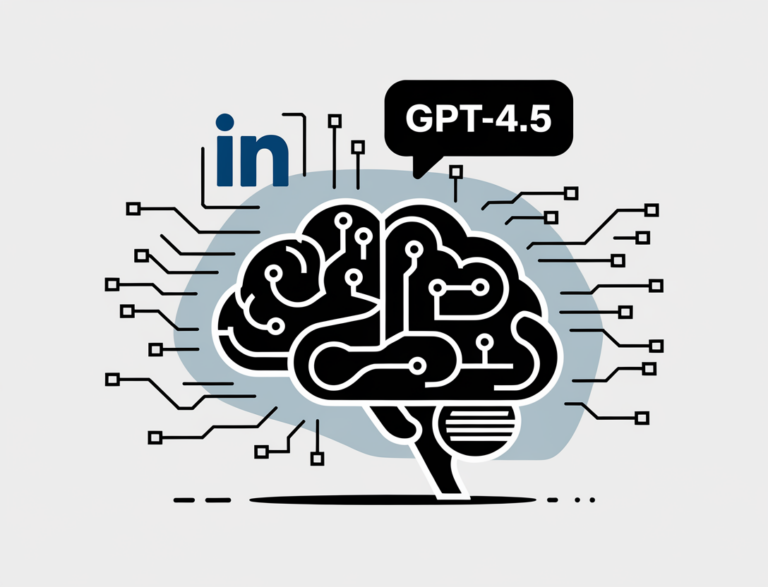 A flat and minimal illustration showcasing a stylized brain with circuits. The brain is integrated with a speech bubble that says "GPT-4.5". There's a LinkedIn logo subtly incorporated in the background. The overall image conveys the concepts of artificial intelligence and business strategy in a modern, slightly humorous style.