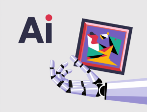 A flat, minimal illustration of a robotic hand holding a picture frame. The picture frame contains a vibrant abstract geometric image. The background is white. There's a large, bold letter "AI" written in a fun style above the robotic hand.