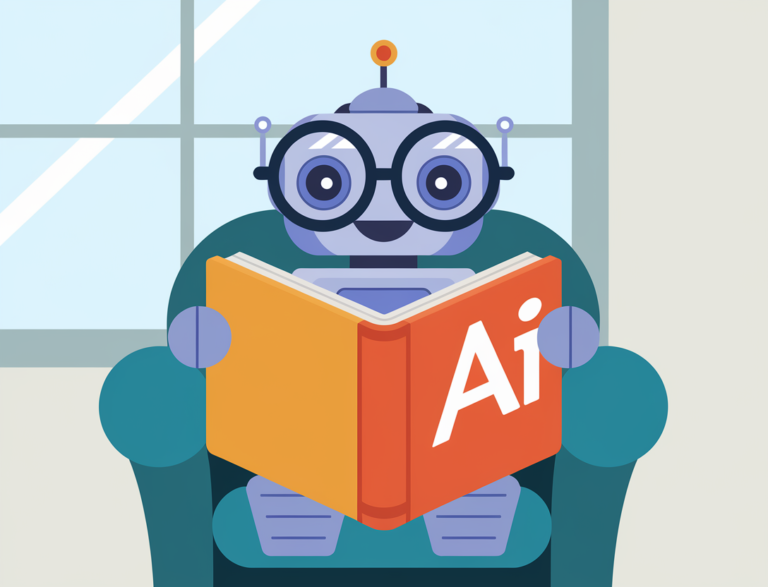 A flat and minimal style illustration of a small robot reading a book titled "AI" with oversized glasses. The robot is sitting on a chair in a room with a window. The background is simple and does not distract from the main subject. The overall image is humorous and simple.