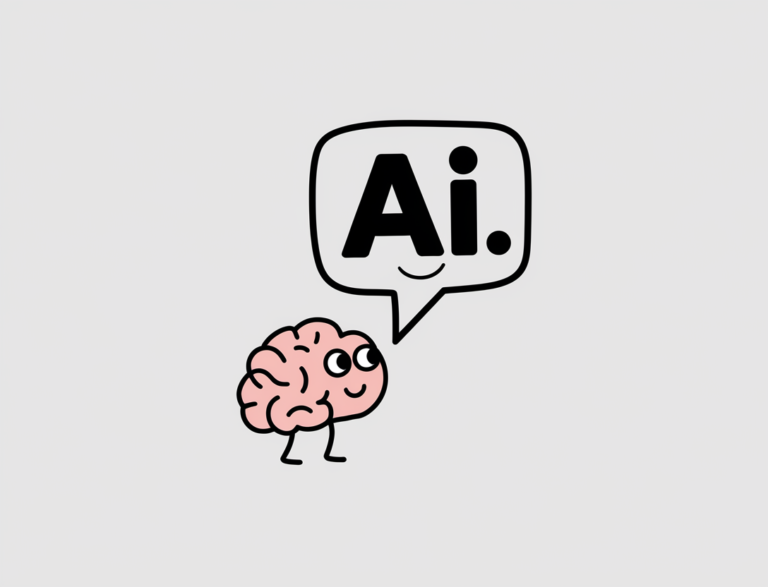 A light-colored, flat minimalist illustration of a tiny brain looking up at a giant chat bubble with the word "AI". The chat bubble has a smiley face. The brain and chat bubble are drawn in simple, funny shapes. There is no background.