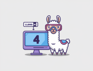A minimal style flat illustration of a cartoon llama wearing futuristic glasses and standing next to a computer screen. The screen displays the number '4'. The background is white. There is a label "LLAMA 4" above the llama.