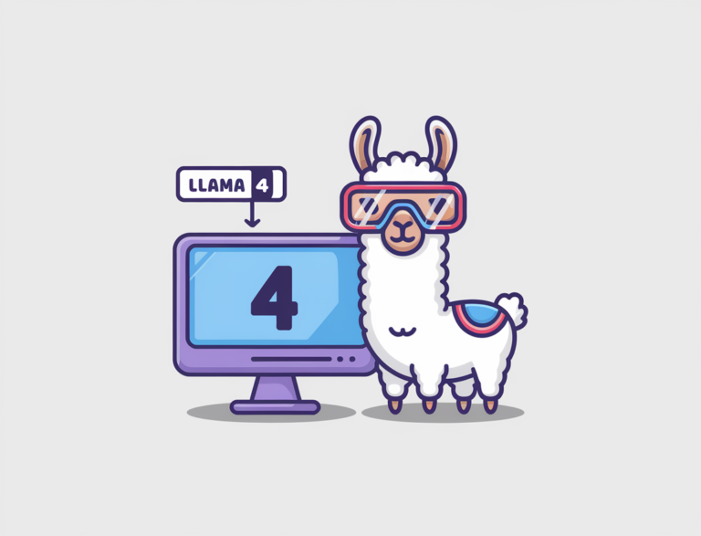 A minimal style flat illustration of a cartoon llama wearing futuristic glasses and standing next to a computer screen. The screen displays the number '4'. The background is white. There is a label "LLAMA 4" above the llama.