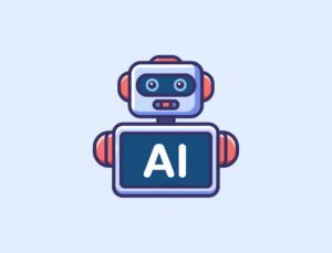 A flat vector illustration of a friendly robot head icon displaying the word "AI" on its screen. The robot has a minimalist style and is made of bright colors. The background is white. The illustration is suitable for a tech blog header.