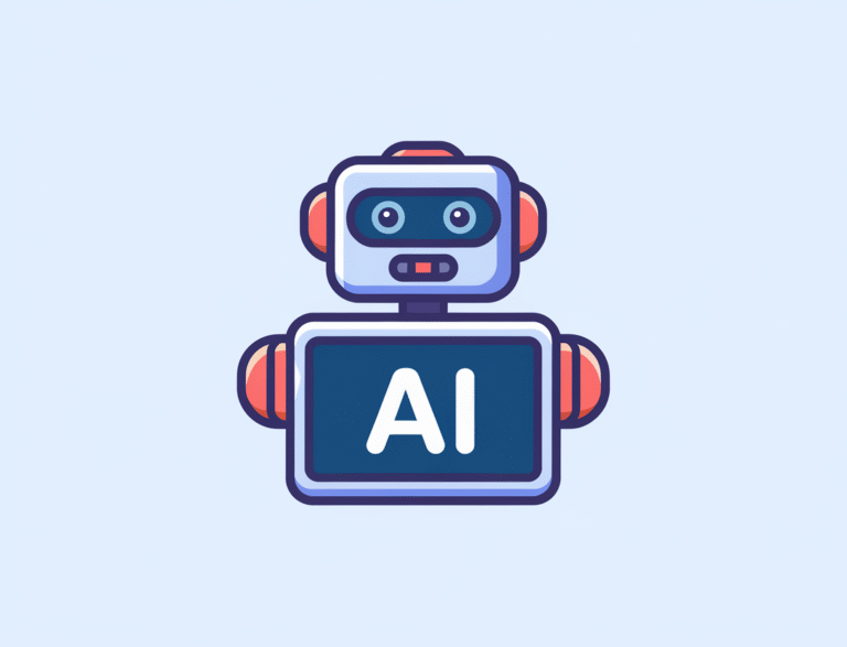 A flat vector illustration of a friendly robot head icon displaying the word "AI" on its screen. The robot has a minimalist style and is made of bright colors. The background is white. The illustration is suitable for a tech blog header.