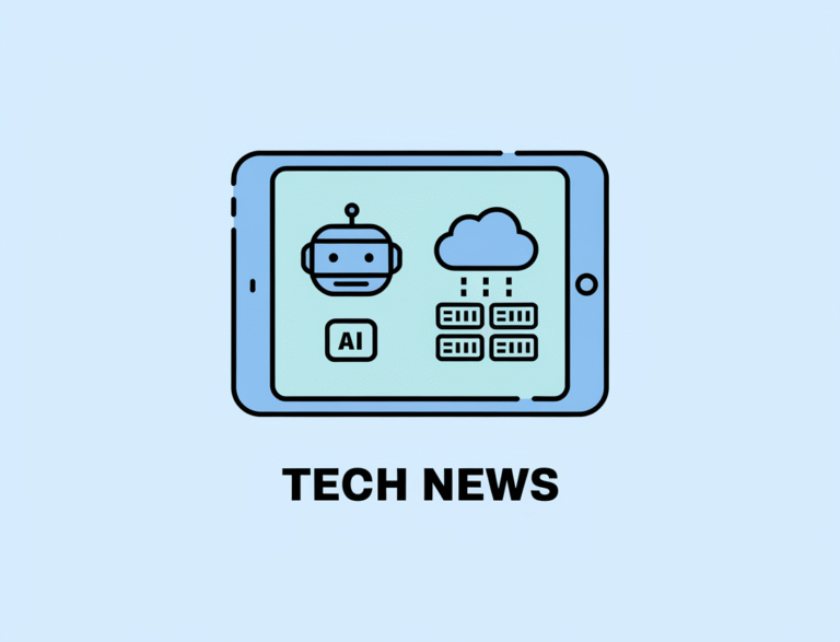 A flat vector illustration with a minimalist and playful style. There's a tablet with a light color palette displaying two simple icons: a robot head (AI) and a cloud with server racks (cloud computing). Below the tablet, there's the text "Tech News".