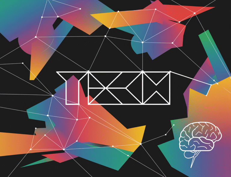 An illustration of abstract geometric shapes in vibrant colors, representing interconnected networks. There is a stylized brain icon subtly integrated into the design. The word "TECH" is prominently displayed in a futuristic font.