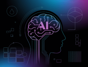 An abstract tech design illustration with a focus on AI evolution. A whimsical robot brain icon is subtly incorporating the letters "AI". The background is a gradient of blue to purple. There are various shapes, lines, and circles in different sizes and orientations.