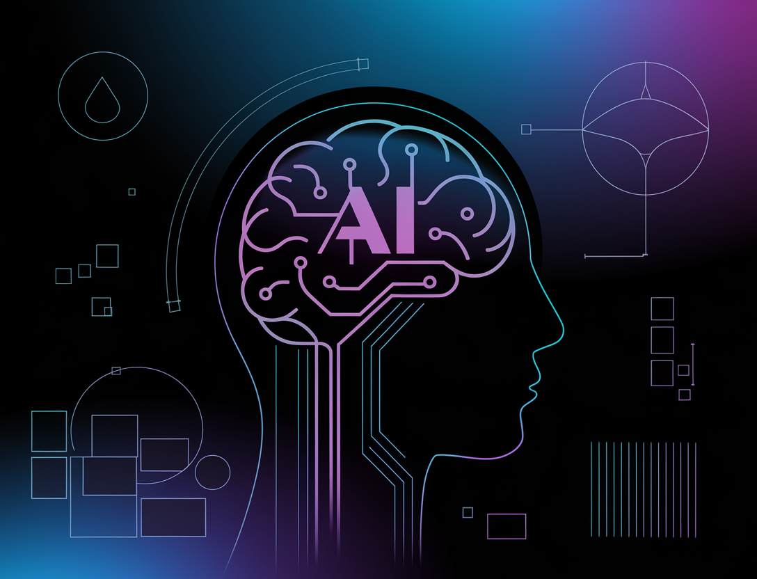An abstract tech design illustration with a focus on AI evolution. A whimsical robot brain icon is subtly incorporating the letters "AI". The background is a gradient of blue to purple. There are various shapes, lines, and circles in different sizes and orientations.