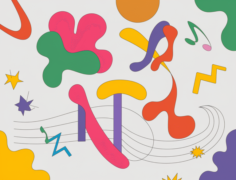 A minimalistic illustration with abstract positive shapes, AI symbols, melodic waves, and playful strokes in vibrant colors. The background is white.