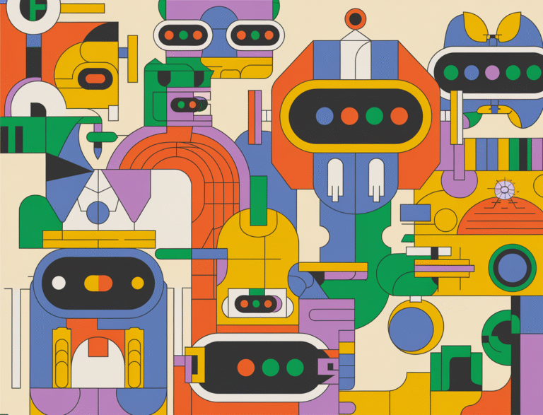 An abstract, playful design style illustration of multiple interconnected micro-robots representing AI agents. The robots have vibrant colors and are lively and simple in design. There are clean lines and no text. The illustration has a humorous touch.