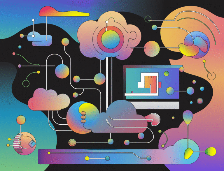 A playful abstract illustration of an AI ecosystem. There are interconnected shapes in vibrant colors with soft lines. The shapes represent different elements of an AI system, such as a brain, a computer, and a cloud. The background is a gradient of blue and purple. The overall design emphasizes complexity and innovation in a minimalist abstraction style.