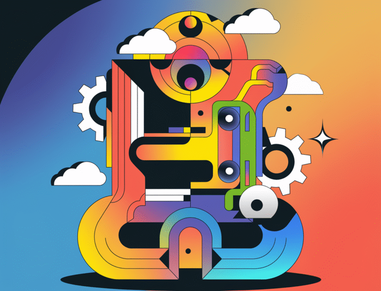 An illustration of an abstract, colorful fractal with a playful AI agent, gears, and cloud icons. The fractal is in the shape of a robot. The background is a gradient of blue and orange. The overall image has a minimal and bold line style.