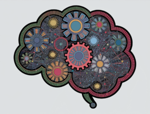 An abstract, playful line art of interconnected gears and neural network patterns intertwined with a humorous robot brain shape. The gears and neural network patterns are vibrant and colorful. The robot brain shape is made of the same patterns as the gears and neural networks. The background is white.