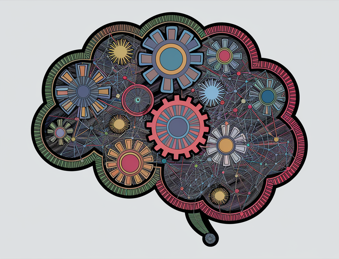 An abstract, playful line art of interconnected gears and neural network patterns intertwined with a humorous robot brain shape. The gears and neural network patterns are vibrant and colorful. The robot brain shape is made of the same patterns as the gears and neural networks. The background is white.