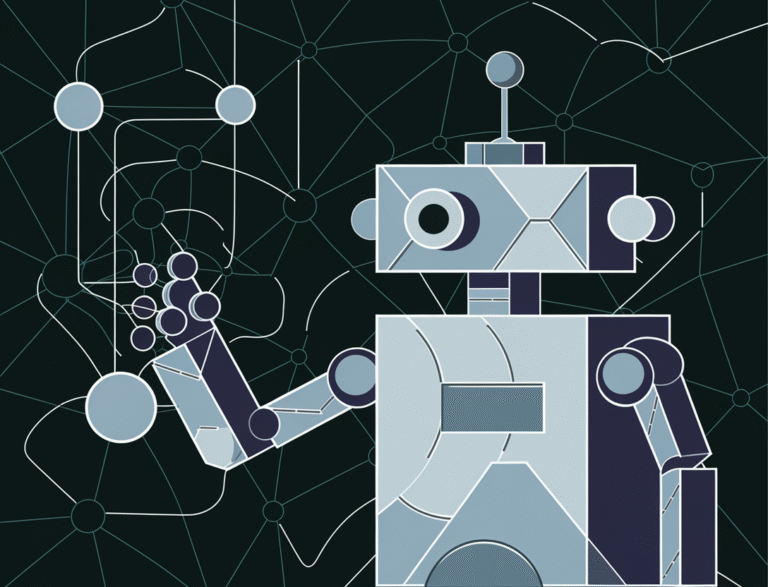 An abstract geometric robot with a playful and minimal style. The robot has a rectangular body and a round head with a single eye. It is interacting with interconnected technological elements, which are represented as lines and circles. The background is a neural network pattern with interwoven lines and nodes. The overall image has a monochrome palette with shades of grey.
