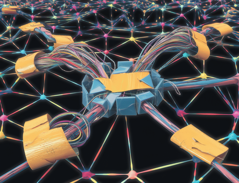 An abstract AI neural network mesh with broken and repaired connections. The mesh is filled with vibrant colors, and the connections are represented as wavy lines. Some connections are broken, with exposed wires, while others are repaired with duct tape. The overall image has a playful style, with the broken and repaired connections adding a sense of chaos and humor.