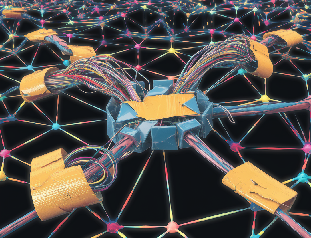 An abstract AI neural network mesh with broken and repaired connections. The mesh is filled with vibrant colors, and the connections are represented as wavy lines. Some connections are broken, with exposed wires, while others are repaired with duct tape. The overall image has a playful style, with the broken and repaired connections adding a sense of chaos and humor.