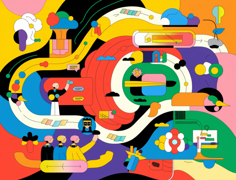 An abstract and playful modern art style illustration with swirling neural network motifs intertwined with human workspace elements. The illustration is in vibrant colors and features simplified trendy iconography representing AI, workforce, global markets, and intervention symbols. The design is minimal with bold contrasting lines. The illustration is mnemonic, illustrative, and graphical with an abstract touch.