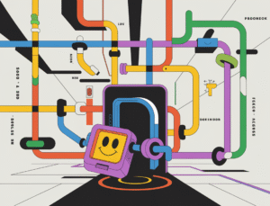 A digital art style illustration of an abstract colorful interconnected network. In the foreground, there's a playful smiley device unlocking a futuristic door. The background contains minimal words. The overall design is simple and engaging.