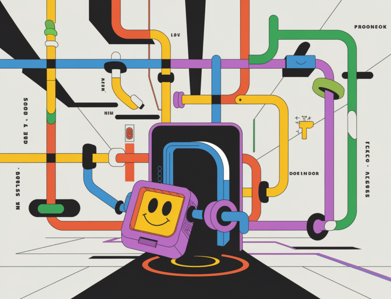 A digital art style illustration of an abstract colorful interconnected network. In the foreground, there's a playful smiley device unlocking a futuristic door. The background contains minimal words. The overall design is simple and engaging.