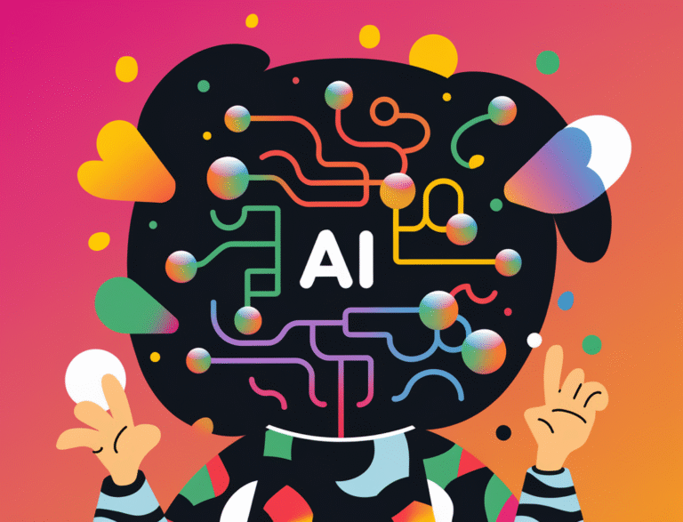 A playful illustration of an abstract AI with colorful neural network connectivity. The AI has a cheerful and inquisitive vibe. The background is a gradient of pink and orange.