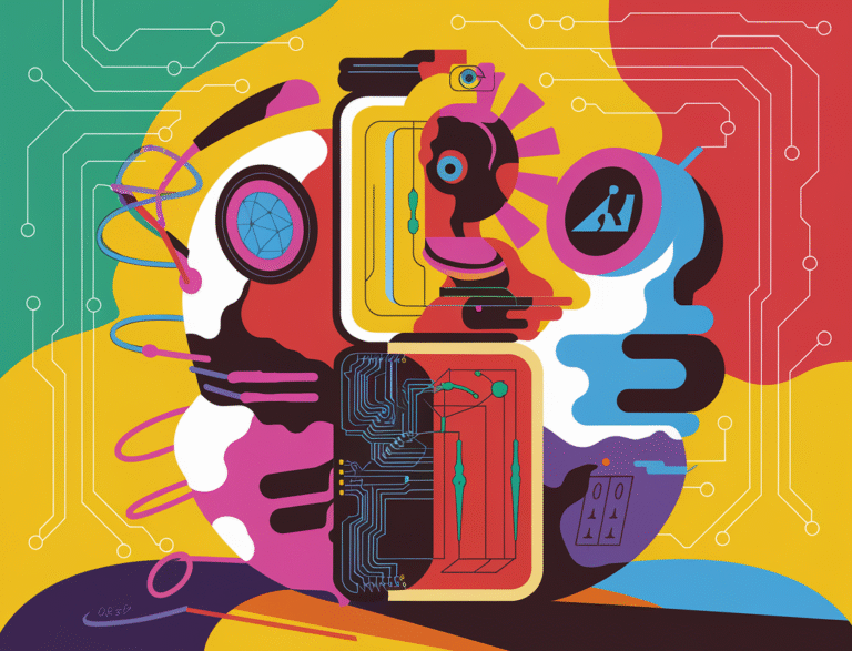 A vibrant and dynamic illustration of abstract AI agents with multi-tool collaboration and structured memory. The agents are blended with interconnected circuit lines and an abstract figurine. The background is playful and has a blended style. The illustration enhances trust in AI progress in technological news.