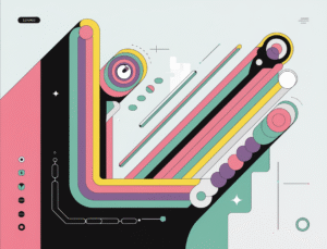 A playful and colorful abstract AI intervention with sleek lines and simple geometric shapes. The design features a vibrant palette and a minimalistic futuristic style. The overall image is lowered in real unrest.