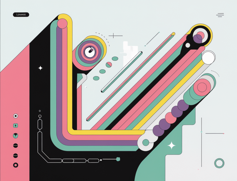 A playful and colorful abstract AI intervention with sleek lines and simple geometric shapes. The design features a vibrant palette and a minimalistic futuristic style. The overall image is lowered in real unrest.
