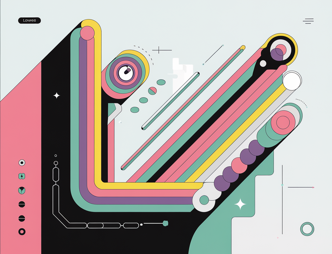 A playful and colorful abstract AI intervention with sleek lines and simple geometric shapes. The design features a vibrant palette and a minimalistic futuristic style. The overall image is lowered in real unrest.
