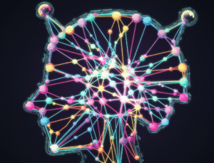 A shiny digital style illustration of an abstract colorful neural network with a playful and simplified design. The neural network is forming a robot head silhouette. The connections between the nodes are vibrant and colorful, adding to the abstract nature of the illustration.