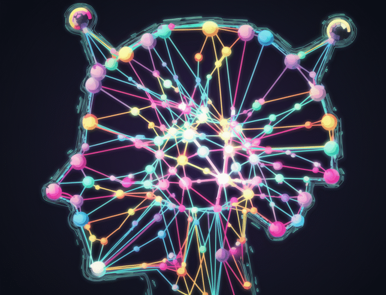 A shiny digital style illustration of an abstract colorful neural network with a playful and simplified design. The neural network is forming a robot head silhouette. The connections between the nodes are vibrant and colorful, adding to the abstract nature of the illustration.