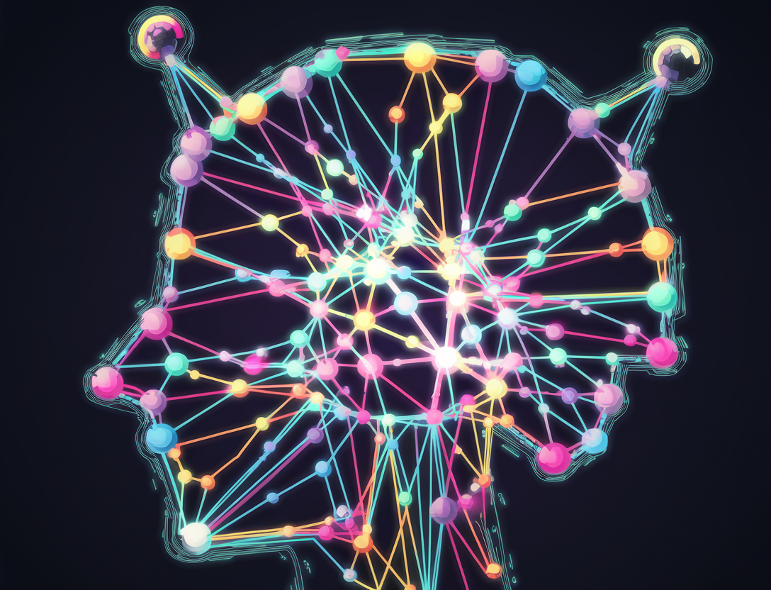 A shiny digital style illustration of an abstract colorful neural network with a playful and simplified design. The neural network is forming a robot head silhouette. The connections between the nodes are vibrant and colorful, adding to the abstract nature of the illustration.
