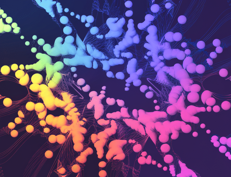 An abstract, colorful neural network with a playful expression of AI innovation. The neural network is made up of small, colorful circles. The circles are connected with curved lines. The background is a gradient of blue and purple. There is a white text that says "AI innovation" at the bottom.