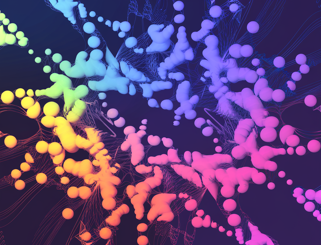 An abstract, colorful neural network with a playful expression of AI innovation. The neural network is made up of small, colorful circles. The circles are connected with curved lines. The background is a gradient of blue and purple. There is a white text that says "AI innovation" at the bottom.