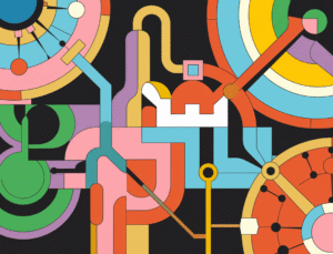 An abstract illustration of modern technology intertwined with playful design. There are neural network symbols merging with colorful geometric shapes. The core element is a stylized neuron with interconnecting nodes. The design has spark chamfered edges and geometric accents.