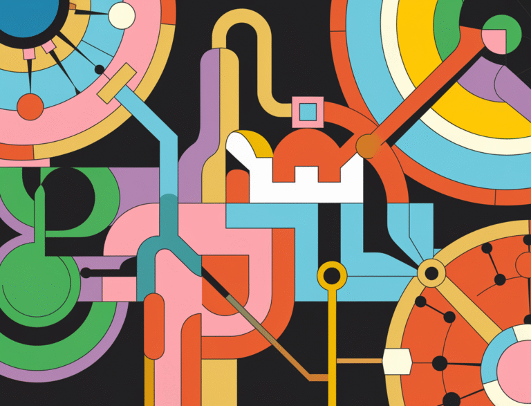 An abstract illustration of modern technology intertwined with playful design. There are neural network symbols merging with colorful geometric shapes. The core element is a stylized neuron with interconnecting nodes. The design has spark chamfered edges and geometric accents.