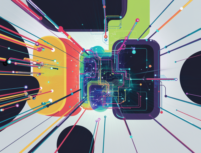 An abstract colorful neural network with playful digital elements. There are vibrant lines connecting nodes, representing AI, machine learning, and automation. The background is bright, modern, and minimal.
