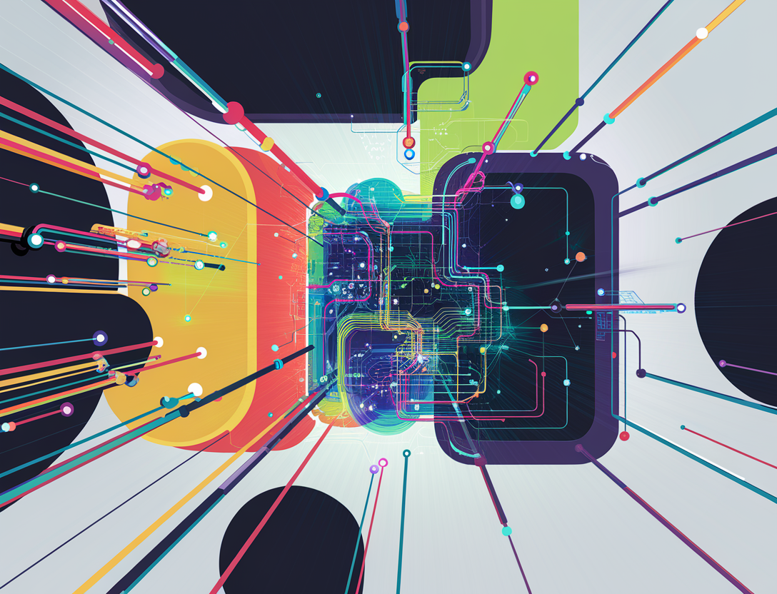 An abstract colorful neural network with playful digital elements. There are vibrant lines connecting nodes, representing AI, machine learning, and automation. The background is bright, modern, and minimal.