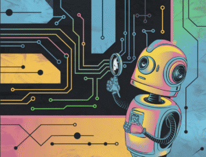 An abstract technology circuit with vibrant colors and geometric elements, featuring a whimsical robot supervisor examining interconnected data streams. The robot supervisor has a round head with a camera eye and a small arm holding a magnifying glass. The background is a minimal avant-garde style with interconnected data streams in various shapes and sizes. The overall image has a futuristic and technological theme.